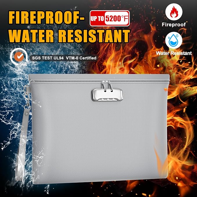 Fireproof Document Bag with Lock, ZOOPIP 14.6"x10.5" Fireproof and Waterproof Money Bag with Zipper Closure, Storage Pouch for A4 Letter Size Document, Cash, Cell Phone, Passport-Gray