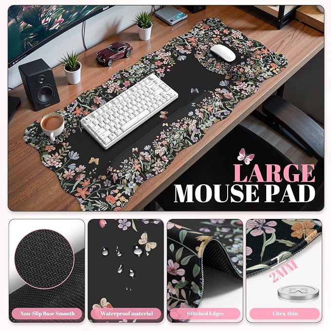 iCasso Black 4in1 Mousepad, 35.4"x15.7" Desk Blotter for Classroom | Workspace Ergonomic Desk Pad Featuring Keyboard Wrist Rest, Girly Mousepad Set for Students Travel Home Office