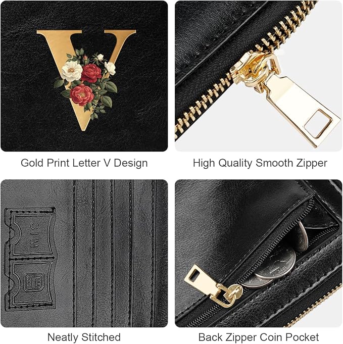 Passport Holder for Travel Personalized Wallet with Wristlet Women | Passport Cover, RFID Blocking, Passport Book Holders, Back Coin Pocket, Zipper Closure, Roses Initial Letter, Black V