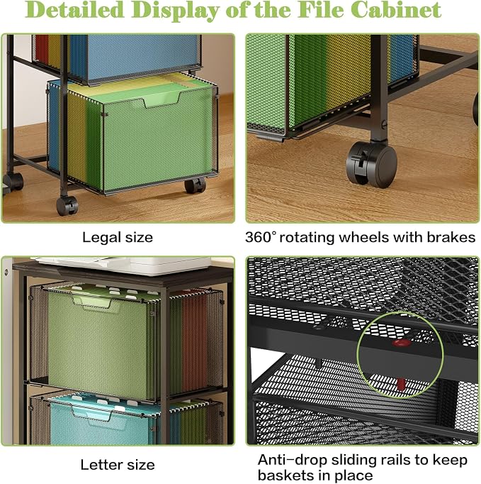 Sbanmao Letter/Legal Rolling File Cart with 2 Storage Drawers, Under Desk Storage, Vertical Filing Cabinet for Home Office, Hanging File Folders Organizer, Mobile Utility Cart Printer Stand, Black