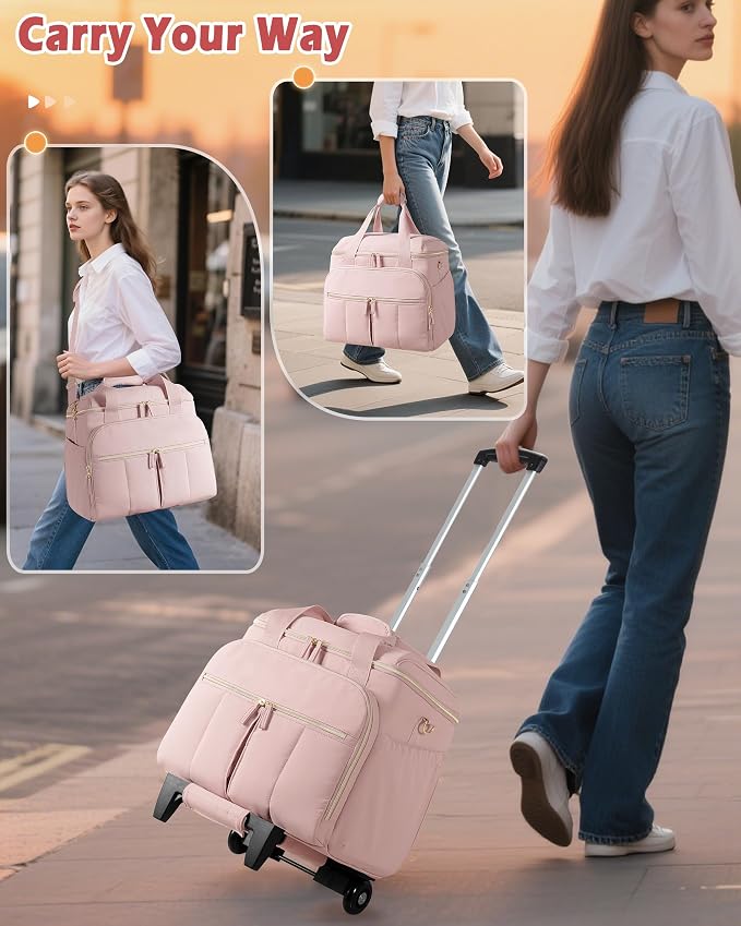 Marscamd Rolling Teacher Bag with Accordion File Organizer for Work | 15.6" Laptop Compartment, Detachable Trolley & Crossbody Strap, Womens Briefcase Tote with Wheels (Pink))