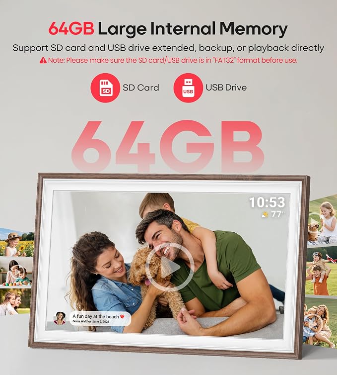 64GB Frameo 15.6" Digital Picture Frame Large 1920 x 1080 IPS FHD Touch Screen WiFi Electronic Photo Frames Share Moments Instantly Anywhere Best Gifts for Parents and Grandparents Brown Wood White
