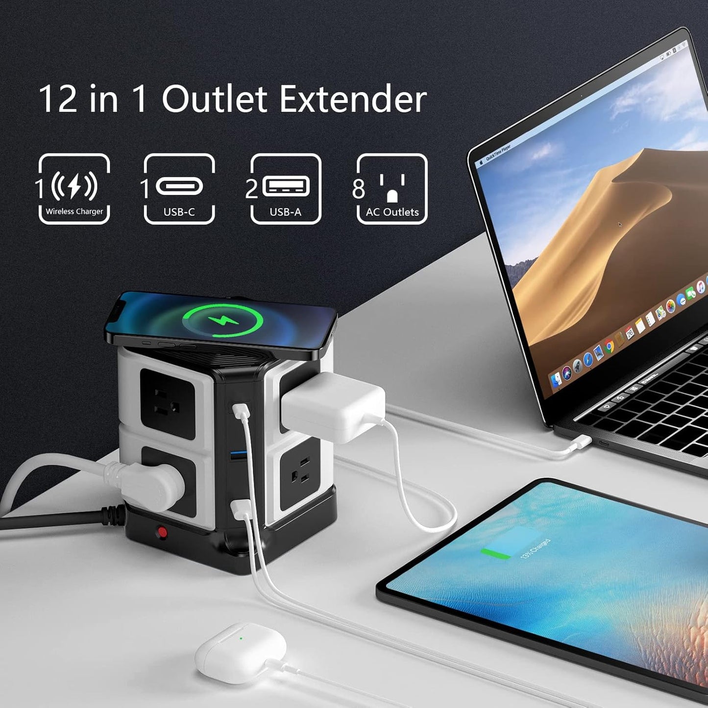 USB Power Strip with Wireless Charger BESTEK 8-Outlet Surge Protector and 40W 6-Port USB Charging Dock Station,1500 Joules,ETL Listed,Dorm Room Accessories (8AC+6USB+Wireless Charger-Black)