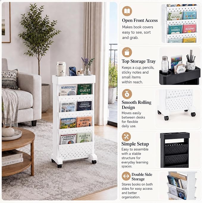 BYFU 5-Tier Movable Bookshelf Cart, 26.0" H, White | Rolling Wheels, File Paper Storage Organizer, Mobile Bookcase, For Home Office Study Classroom