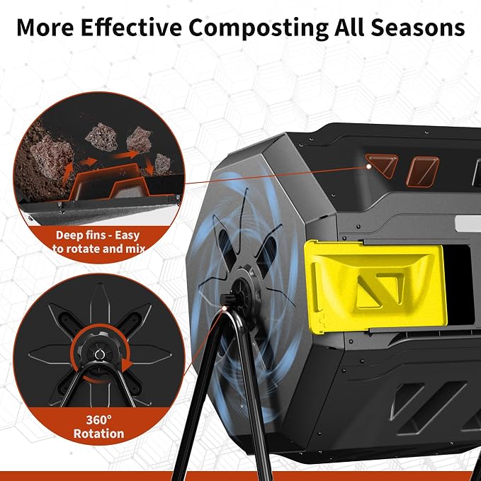 Compost Bin, 43-Gal Dual Chamber Composter Tumbler, Black Yellow | Steel Frame with 2 Sliding Door and Aeration System, 360° Rotating, Tumbling Composting Bin for Kitchen, Garden, Yard
