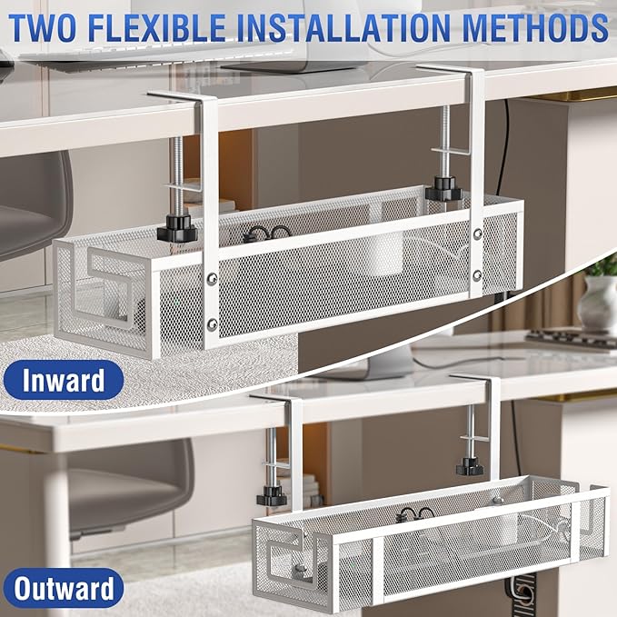 Cable Management Tray, 15.75" Under Desk Cable Management No Drill | Heavy Duty Metal Cord Organizer for Standing Desk, Gaming Desk, Home Office Wire Management for Home Office, 2 Pack, White