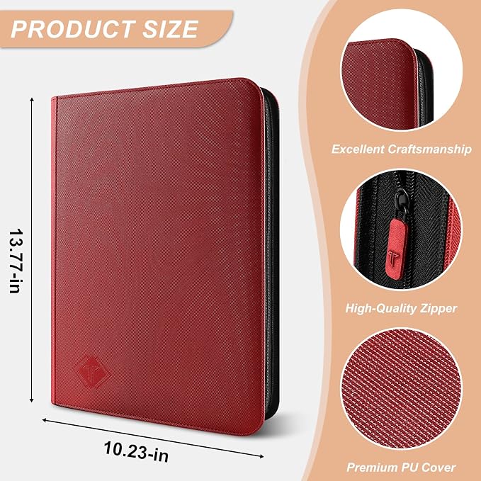Trading Card Binder, Card Binder Album Folder Book Fit for MTG Baseball Football Sports Cards, Easy to Use Card Collection Binder (Red, 432 Pockets)