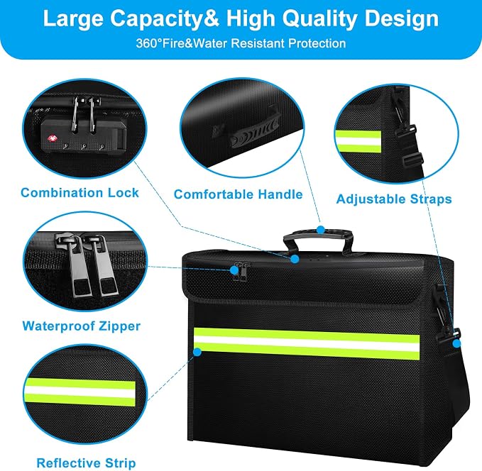 6500°F Large Fireproof and Waterproof Document Bag with Lock,10 Layers Insulation Materials&Waterproof Zipper,Removable Folder Layers/Wallet,Reflective Strip for Valuables(16.5”x 12.4”x 5.5”)