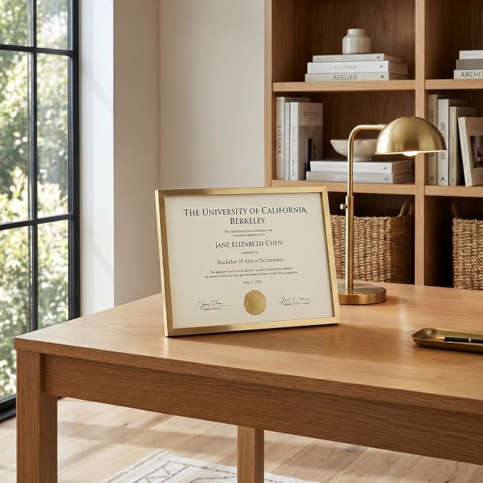 Americanflat 8.5x11 Picture Frame with Shatter-Resistant Glass - Streamline Collection - Thin Border Photo Frame for Tabletop and Wall Display - Hanging Hardware and Easel Stand Included - Gold