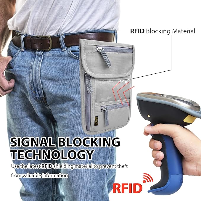 Travel Neck Wallet, RFID Blocking Passport Holder with Adjustable Neck Strap for Men and Women to Keep Cash, Credit Cards and Travel Documents Safe - Grey