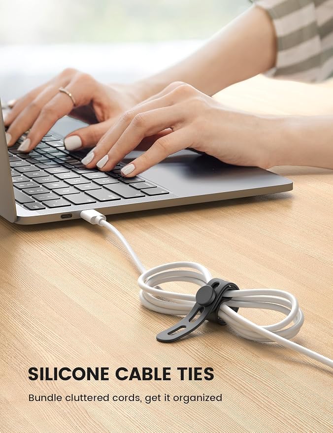 Lamicall 10Pack Reusable Cord Organizer Cable Ties - Silicone Cord Management Wraps, Stretchy Rubber Charger Cable Strap Ties, Skin-Friendly Electrical Wire Keeper for Travel, Home Office Accessories