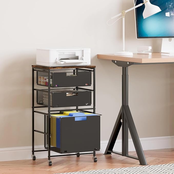 EasyPAG Rolling Storage Cart with 3 Drawers, Under Desk File Cabinet on Lockable Wheels, Movable Letter Size Hanging File Folder Organizer with Wooden Printer Stand for Home Office, Black