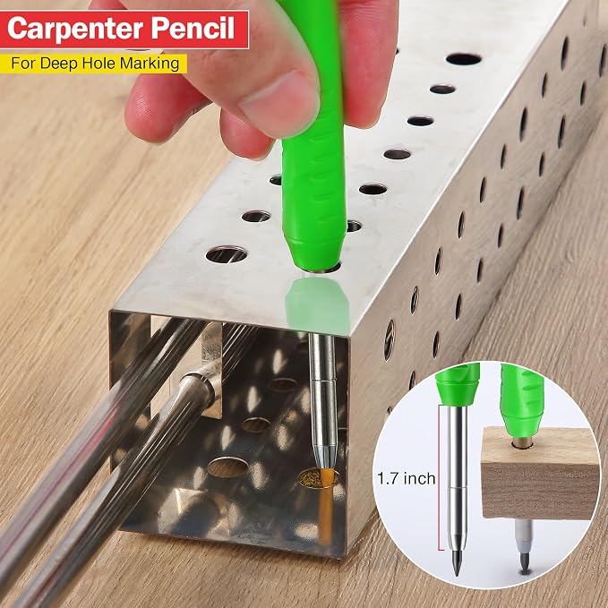 Hiboom Mechanical Carpenter Pencil with 7 Leads, Deep Hole Marker, Green | Built-In Sharpener, Long Nose Construction Pencil, Pocket Clip Design, Woodworking Tools, Marks on Various Surfaces