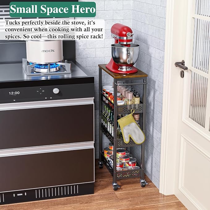 OKZEST 4-Tier Slim Rolling Storage Cart for Bathroom, Laundry Room, Kitchen | Upgraded metal hub casters, Narrow utility cart for small space/gaps, Premium wood top & metal mesh shelf, with handle & hook