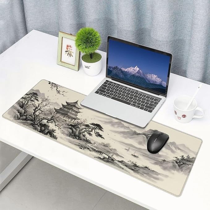 Japanese Cherry Blossoms Gaming Mouse Pad Large Extended Desk Mat Non-Slip Rubber Base Keyboard Pad with Stitched Edges for Office Gaming 31.5x11.8 in