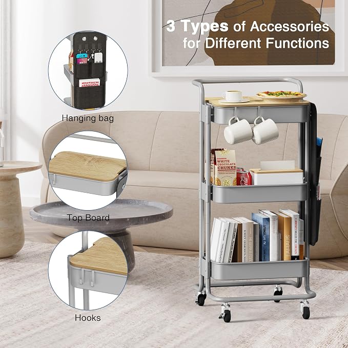 DTK 3-Tier Rolling Cart with Table Top, Metal Utility Cart with Side Bags | Tray Storage Organizer, Lockable Wheels, 4 Hooks, Art Cart for Kitchen, Bathroom, Office, Craft room, Living room,Grey