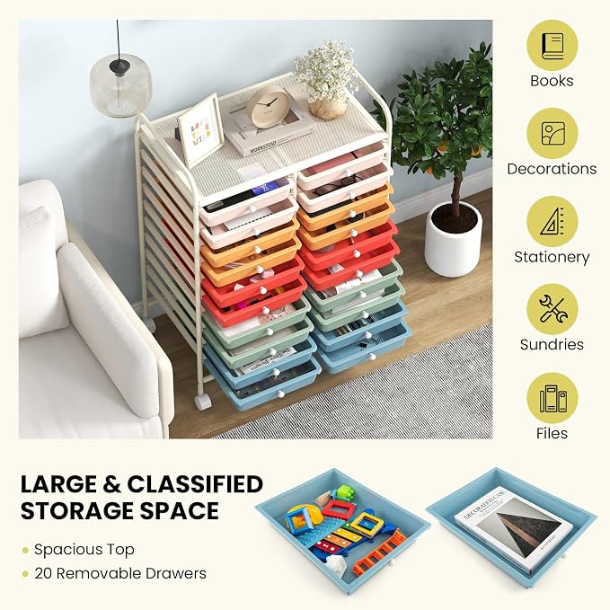 COSTWAY 20-Drawer Rolling Storage Cart, Utility Storage Organizer Cart | For Tools, Scrapbook, Paper, Craft, Multipurpose Storage Trolley on Wheels for Home Office School (Macaron)