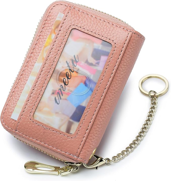 imeetu RFID Credit Card Holder, Small Card Wallet Women, Leather Card Case | Genuine Leather Women's Card & id Cases, Change Coin Purse with Zipper Keychain id Window, 20 Colors & 3 Styles, Daily, Gifts