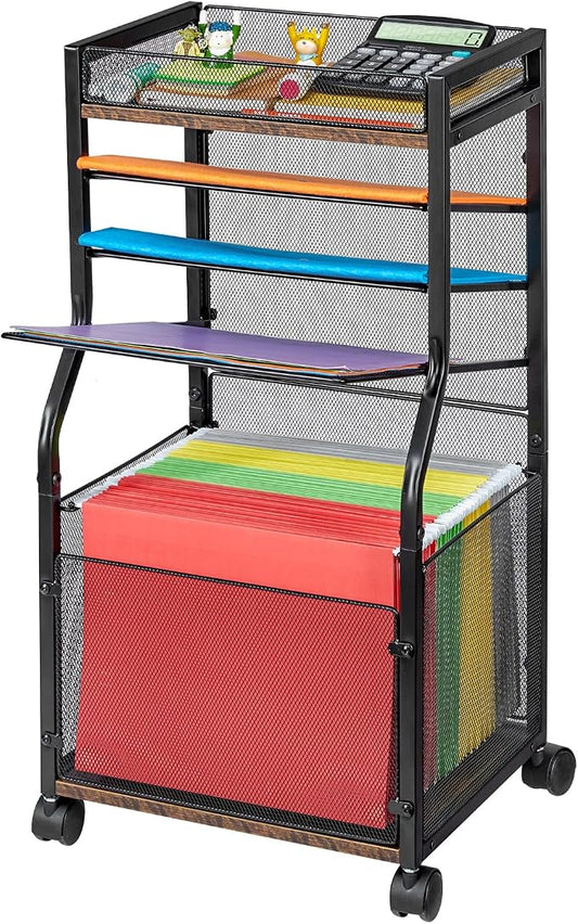 3IngSeagulls Rolling File Cart, 5-Tier Mobile Filing Cabinet on Lockable Wheels, Under Desk Storage, Mesh Sliding Hanging Folder, Office Storage & Organization Cabinet for Office, Home, and School