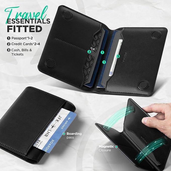 VULKIT Slim Minimalist Passport Wallet RFID Blocking Passport Holder for Travel, Leather Travel Wallet for Men Women, Magnetic Closure