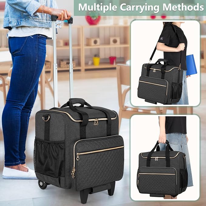 LUXJA Rolling Teacher Bag with Wheels and 15.6" Laptop Compartment, Black | Rolling Briefcase for Women, Teacher Tote Bag for Office Work with Detachable Dolly and Shoulder Strap, Ample Storage Pockets