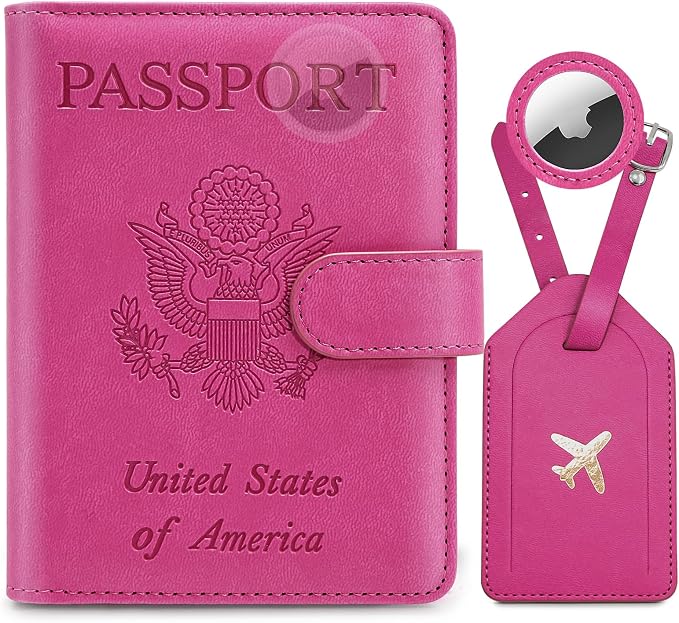 Passport Holder For Travel with Slot for AirTag & Luggage Tag Cover – RFID Blocking Travel Passport Wallet for Women/Family | PU Leather Passport Case with Extra Money Pocket, Pink