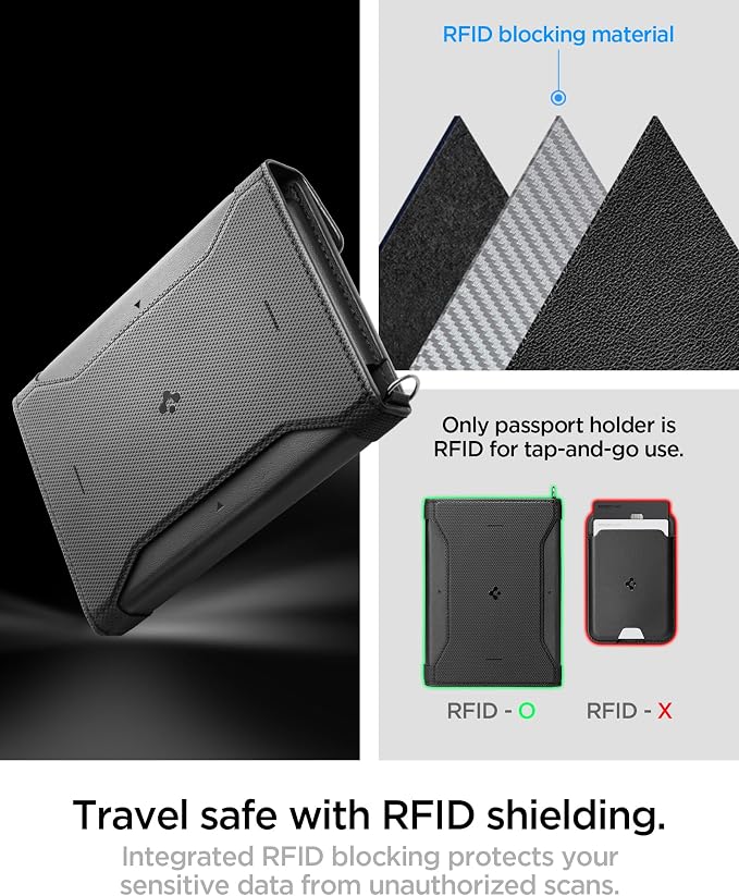 Spigen Life Passport Card Cover Holder, RFID Blocking | Travel Document Organizer, SIM Card Pin Included - Black