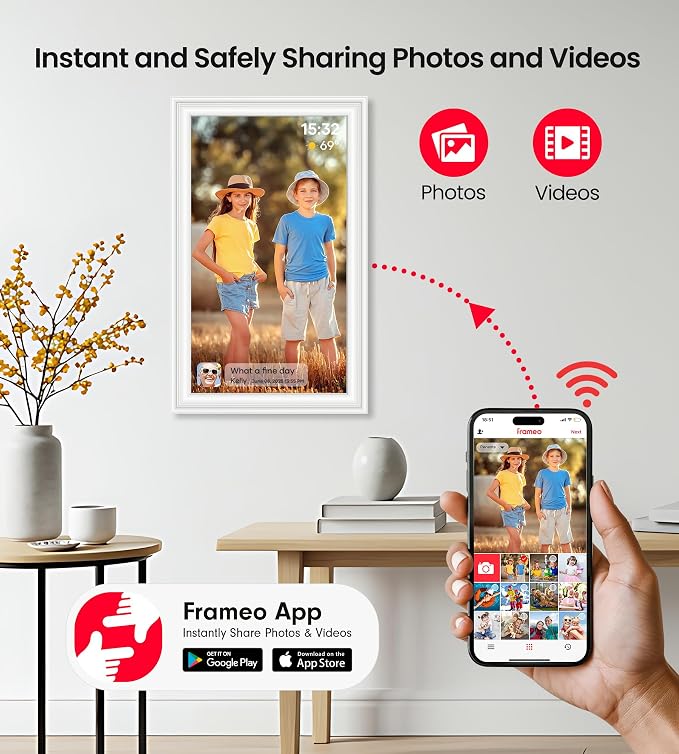 BIGASUO 15.6" Digital Picture Frame, 64GB WiFi Digital Frame Frameo with 1920x1080 FHD IPS Touch Screen, Share Photos Videos via Frameo App, Support SD/USB Drive, Best Gifts for Parents/Grandparents