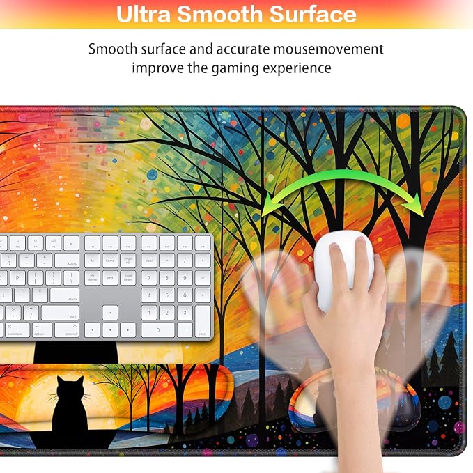 Mouse Pad with Wrist Rest Black Cat, 4-in-1 Large Mousepad Keyboard | Wrist Rest+Mouse Pad Wrist Support+Cup Pad Set,Ergonomic Mousepad,Memory Foam Desk Mat for Home Office Gaming(35.4×15.7in)