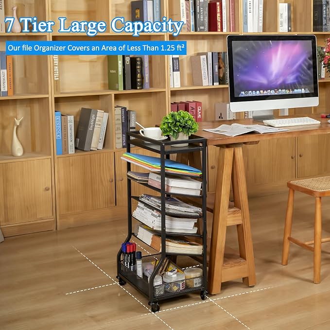 ThreeHio 7 Tier Rolling File Cart with Sliding Trays, Wood Metal File Organizer Beside Desk, Free-Standing File Holder, Paper Letter Tray Organizer Mesh Desk Organizer for Home Office School (Patent)
