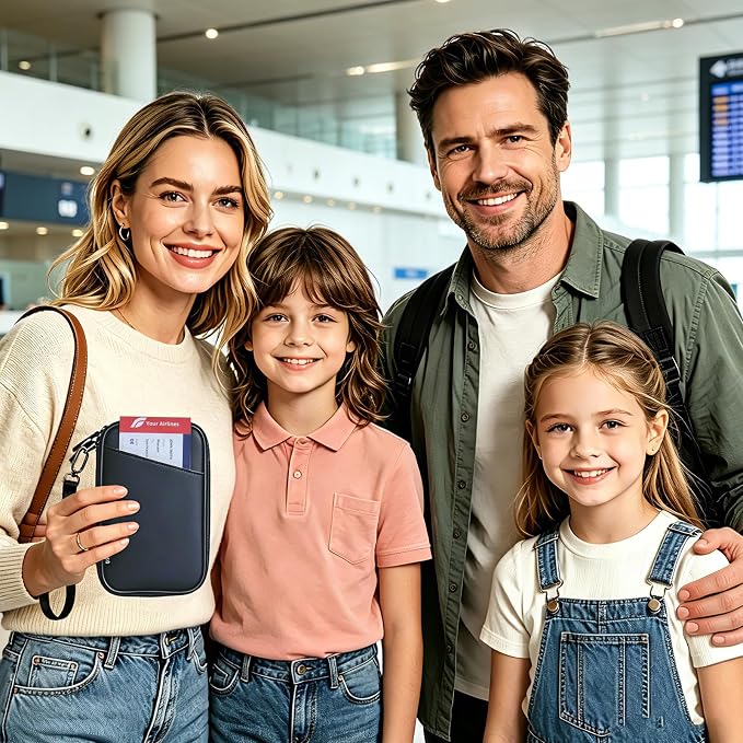 Lagre Family Passport Holder for 4, Black | Passport Wallet for Travel, RFID Blocking, Waterproof with Zipper, Airtag Case, Multiple Passport Bag