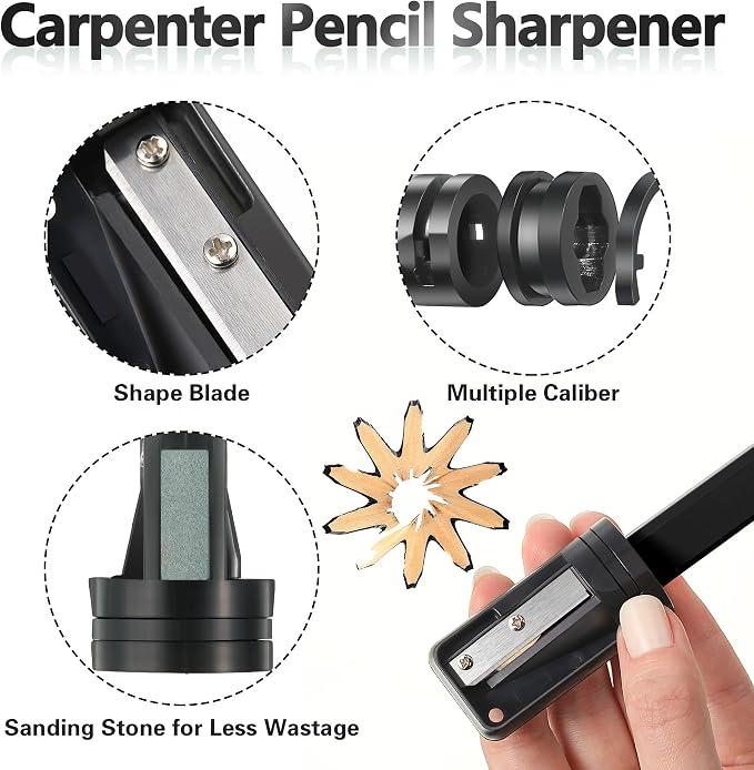 Hohean 14 Pcs Carpenter Pencils, 7 Inches Flat Octagonal Hard Woodworking Construction Pencils Heavy Duty with Pencil Sharpener and Retractable Pull Pen Holder for Contractor Carpentry (Black)