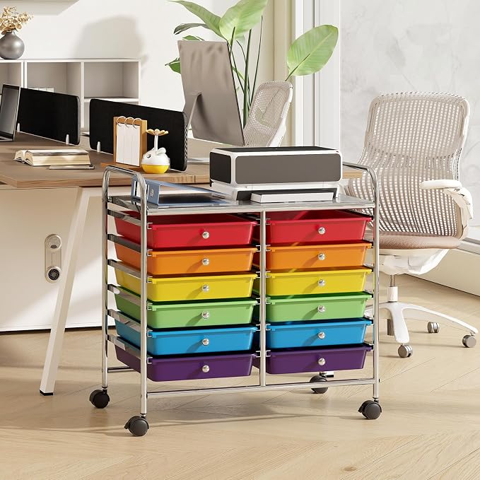RELAX4LIFE 12-Drawer Rolling Storage Cart Mobile Craft Organizer Colorful | 24.5" Size, 4 Rolling Casters, Metal Frame, For School Teacher Office Salon Art File Supplies