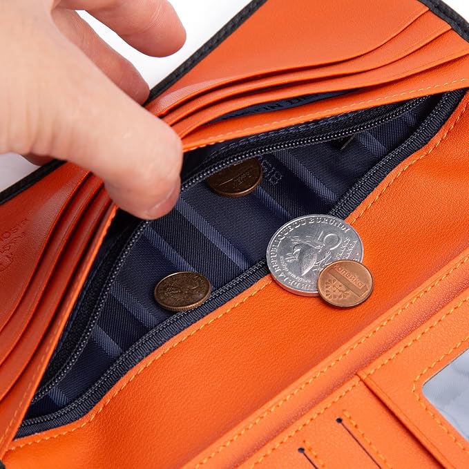 BISON DENIM Long Wallet for Men, RFID Leather Bifold, 12 Card Slots, Orange | mens long bifold wallet checkbook billfold credit card holder id window zipper coin pocket slim cowhide purse organizer