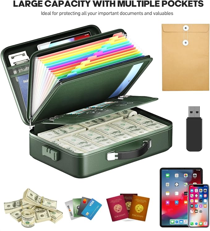 Fireproof Document Box, Hard Case Highly Flame-Resistant Fire Proof Waterproof File Organizer with Lock, Portable Fire Safe for Important Documents & Valuables Storage (Green, ‎16"*12"*5")