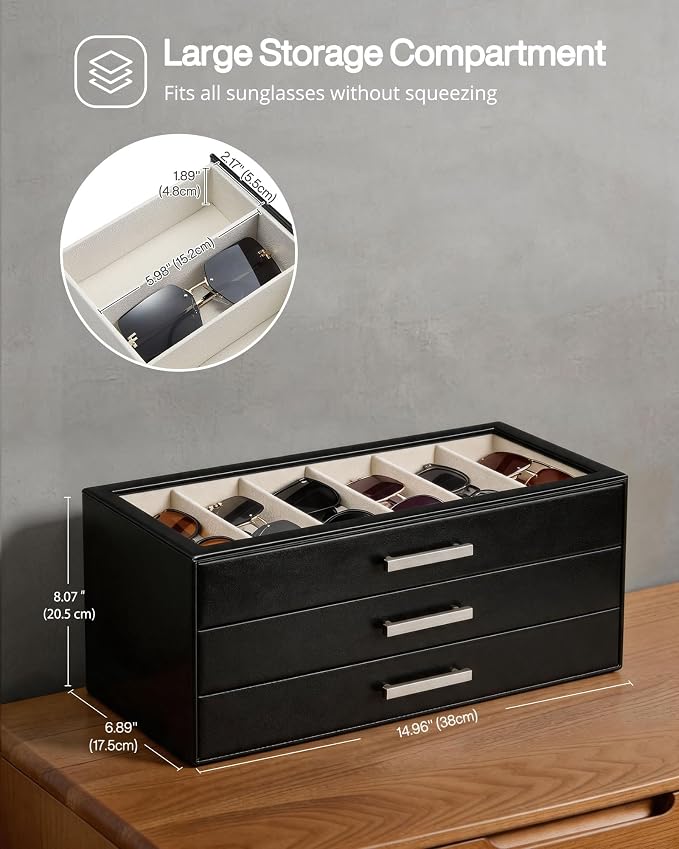 ProCase Sunglasses Organizer Box with Clear Glass Lid, PU Leather Eyeglass Storage Display Case for Men and Women
