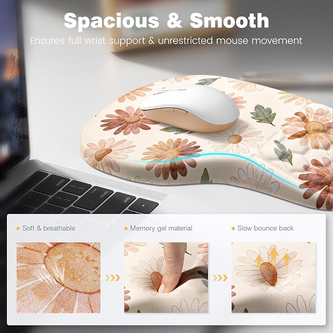 Ospelelf Keyboard Wrist Rest and Mouse Pad Set, Ergonomic Memory Foam Wrist Support, Aesthetic Desk Accessories for Office, Home & Gaming, Relief for Carpal Tunnel & Wrist Pain, Daisy