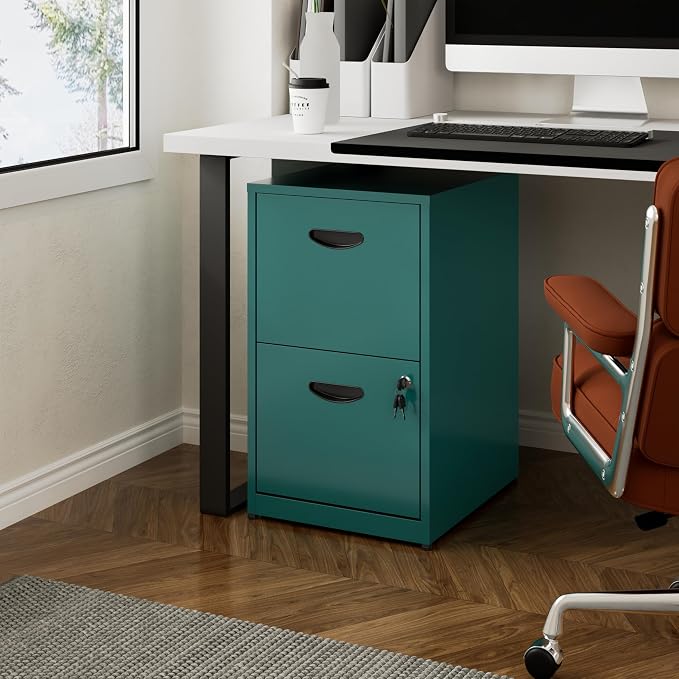 Polup 2 Drawer File Cabinet with Lock, Metal Filing Cabinet for Home Office | Small Locking Cabinet for Under Desk Storage, Printer Stand, Fits Letter Size, Green, 26"H x 15"W x 18"D, Easy Assembly