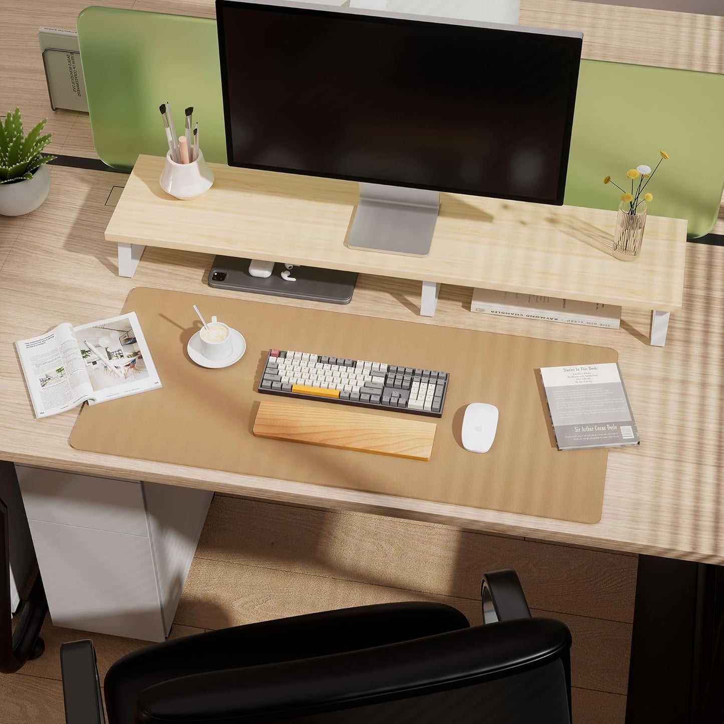 Aothia Dual-Sided Desk Pad - Leather Desk Mat, Natural Cork Desk Pad Protector, Large Mouse Pad for Desk, Waterproof Desk Blotter Pad, Desk Writing Pad for Office Work/Home, Apricot(37.8"x17")