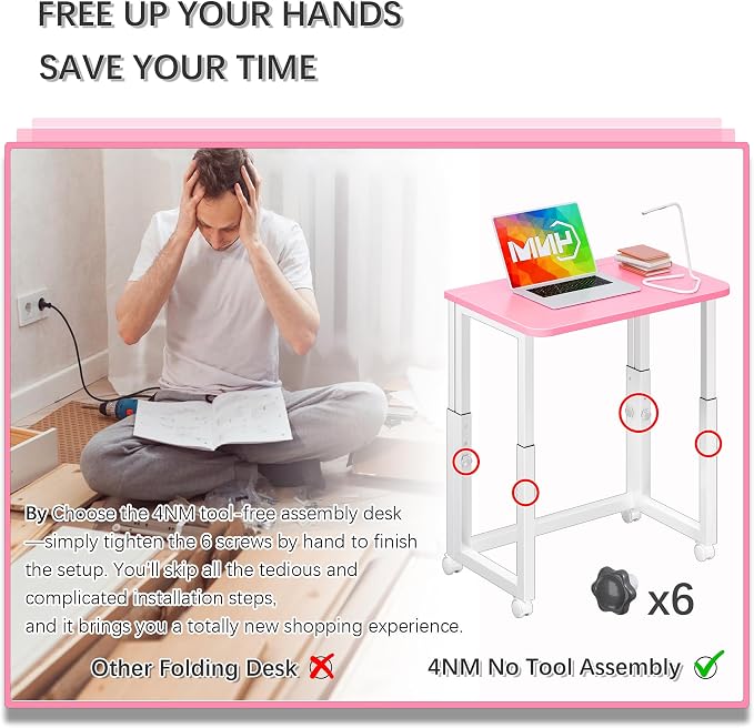 4NM No Tool Assembly 23.6" Small Desk, Folding Portable Desk with Wheels, Adjustable Height Foldable Computer Home Office Desks, Collapsible Study Writing Table for Space Saving Bedroom - Pink White
