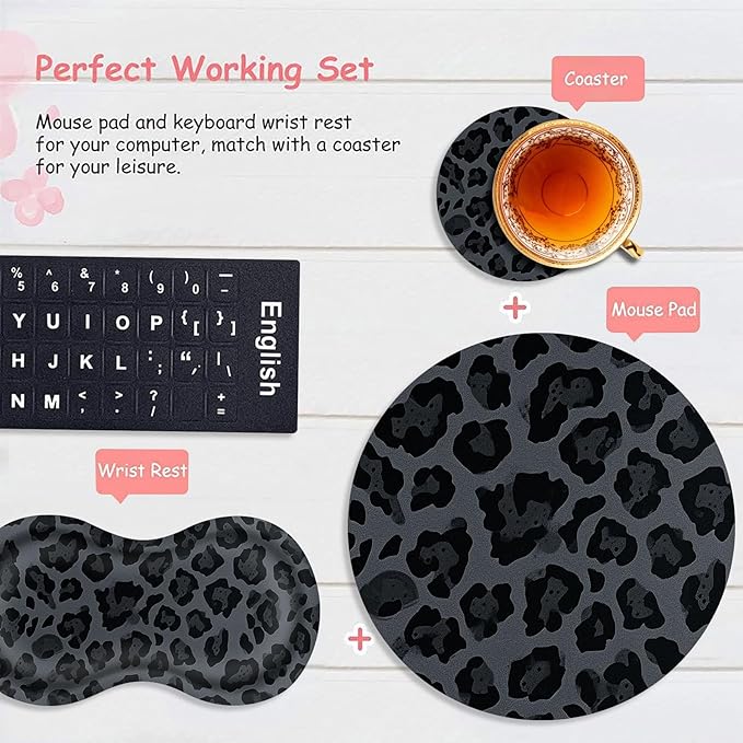Mouse Pad+Mouse Wrist Rest Support Set+Coaster,Memory Foam Ergonomic Easy Typing Pain Relief,Non-Slip Rubber Base Small Mousepad for Computer,Laptop,Home & Office,Leopard Print