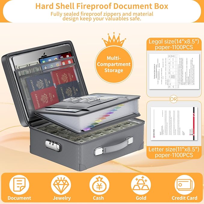 DocSafe 6400°F Fireproof Document Box with Lock, 10 Layers Heat Insulated | Fire&Water Resistant,Hard Case Safe Box with Zipper＆Multi Pockets, Protects Personal Items,Documents,Laptop,Passport,Grey