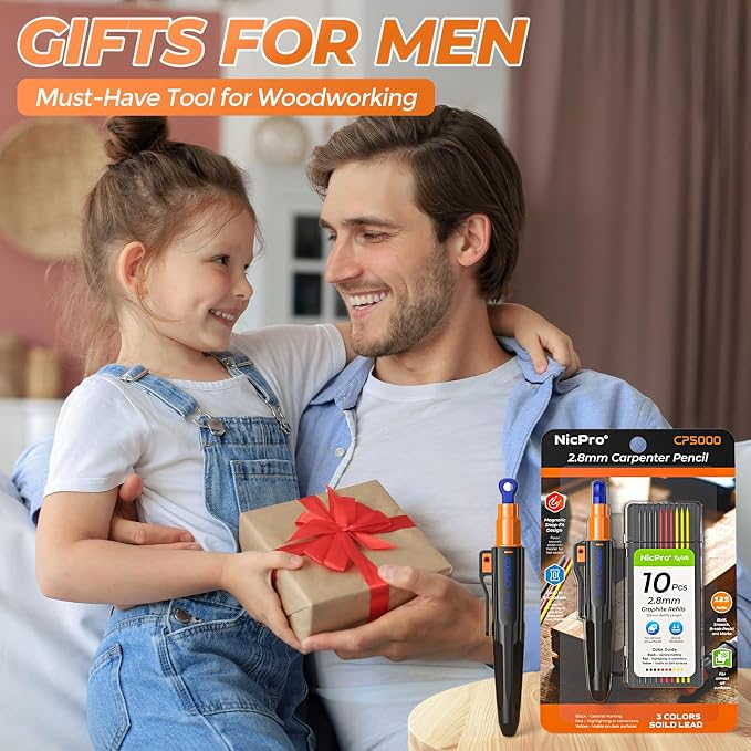 Nicpro 7-in-1 CP5000 Magnetic Carpenter Pencils with Sharpener and Holster | 2.8mm Construction Pencil+10 Refills, Deep Hole Marker for Construction, Woodworking Pencils with Strong Magnet Pickup Cap