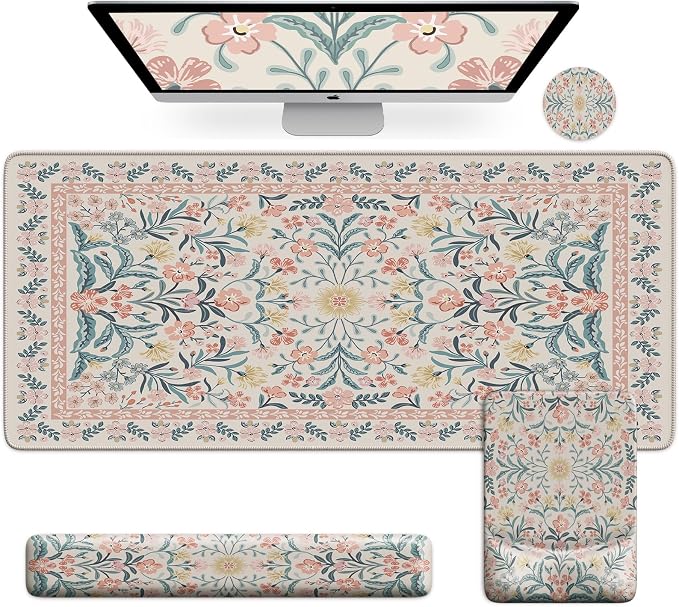 iCasso Mouse Pad with Wrist Rest, Ergonomic Large Desk Mat Set, Pink | Keyboard Pad with Wrist Support, Non-Slip Mouse Mat for Women, Cute Floral Computer Mat for Home Office Gaming