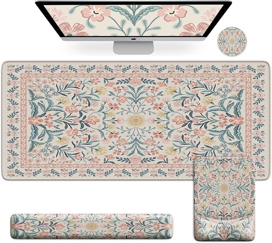 iCasso Mouse Pad with Wrist Rest, Ergonomic Large Desk Mat Set, Pink | Keyboard Pad with Wrist Support, Non-Slip Mouse Mat for Women, Cute Floral Computer Mat for Home Office Gaming
