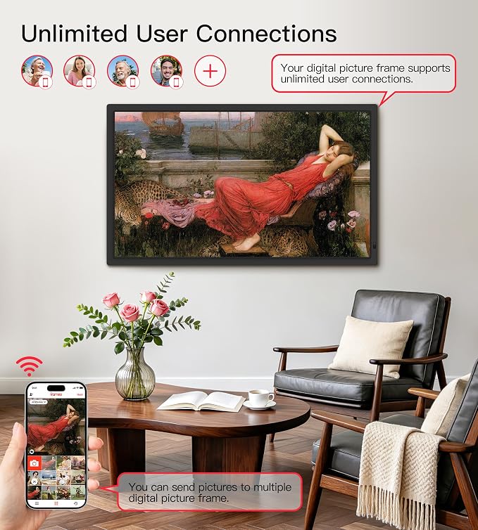 BIGASUO 32" Large Digital Picture Frame with FHD 1920x1080 Touch Display, 64GB Memory, 2.4G/5G WiFi, Instant Photo/Video Sharing via Frameo App, SD Card/USB Support, for Home/Art Galleries/Business
