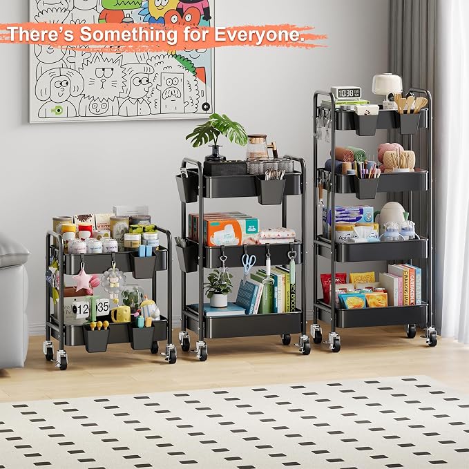 2 Tier Small Rolling Cart Metal with Wheels, Black Under Desk Storage Carts on Wheels, Short Utility Roller Shelf Trolley Organizer for Pantry, Kitchen, Office, Two Tiered Mobile Side Table, 22in Tall
