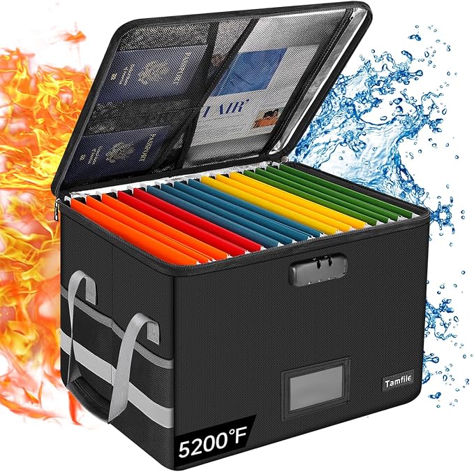 Tamfile Large File Box with lock, 5200°F Fireproof File Box for Documents | fireproof document box with Handle, for Hanging Letter/Legal Folder, Collapsible Filing Box for Home Office