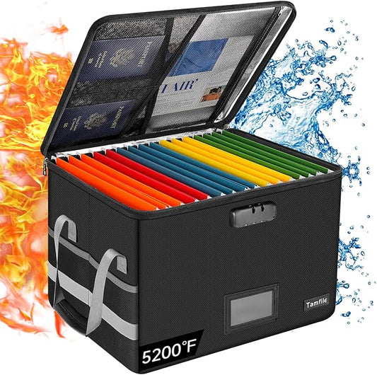 Tamfile Large File Box with lock, 5200°F Fireproof File Box for Documents | fireproof document box with Handle, for Hanging Letter/Legal Folder, Collapsible Filing Box for Home Office