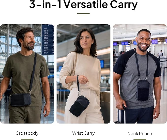 Crossbody Family Passport Holder for 4 with Tracker Slot | RFID Blocking, Holds 4 passports and 8 cards. Crossbody and wristlet carry modes in water-resistant 210D nylon.